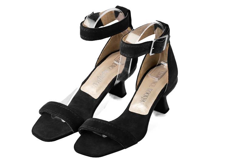 Matt black women's closed back sandals, with a strap around the ankle. Square toe. Medium spool heels - Florence KOOIJMAN